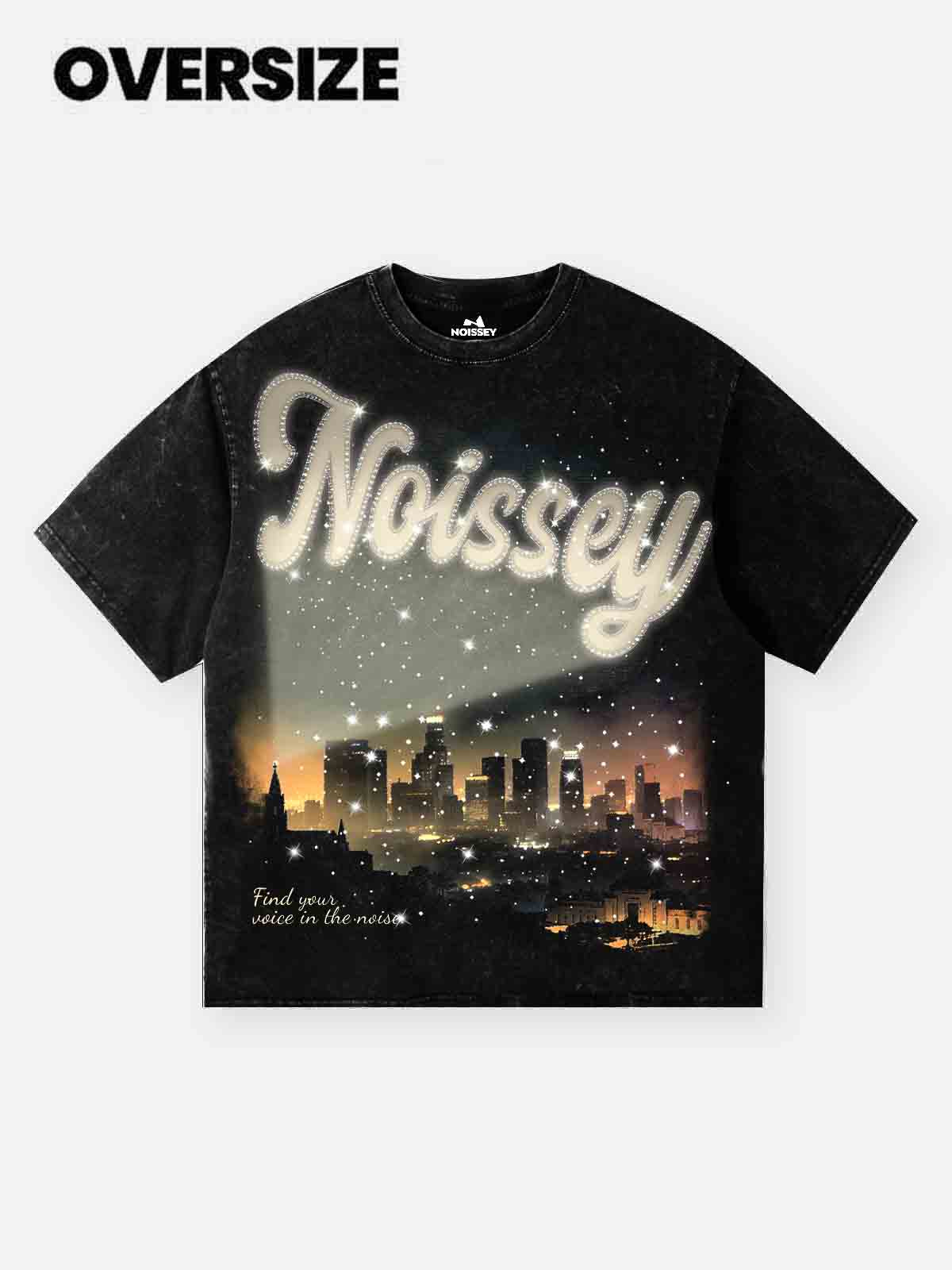 NOISSEY "City Lights" Boxy Vintage Wash Rhinestone Logo Tee - Washed Black - Image 2