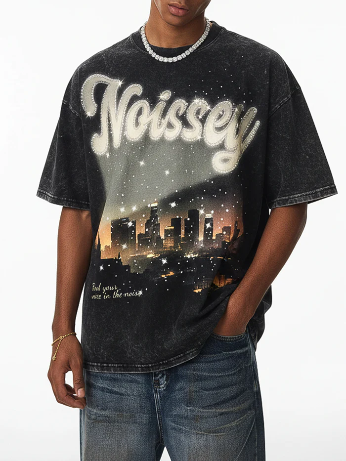 NOISSEY "City Lights" Boxy Vintage Wash Rhinestone Logo Tee - Washed Black - Image 4