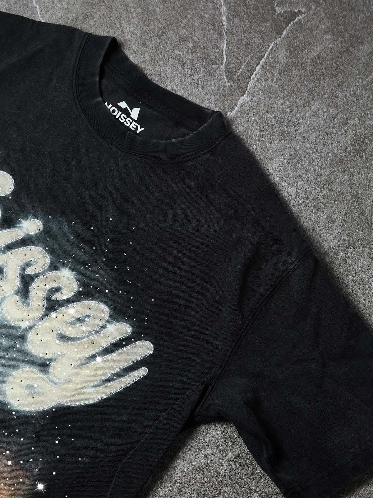 NOISSEY "City Lights" Boxy Vintage Wash Rhinestone Logo Tee - Washed Black - Image 6