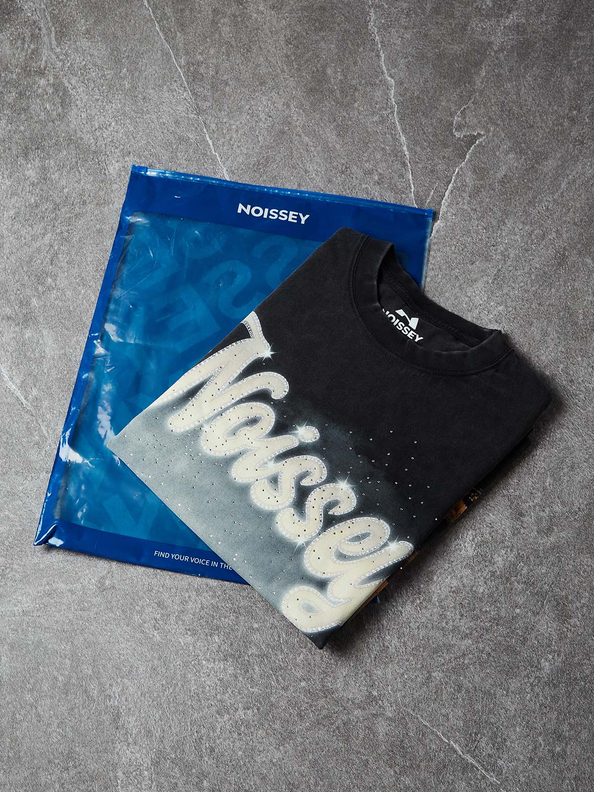 NOISSEY "City Lights" Boxy Vintage Wash Rhinestone Logo Tee - Washed Black - Image 8