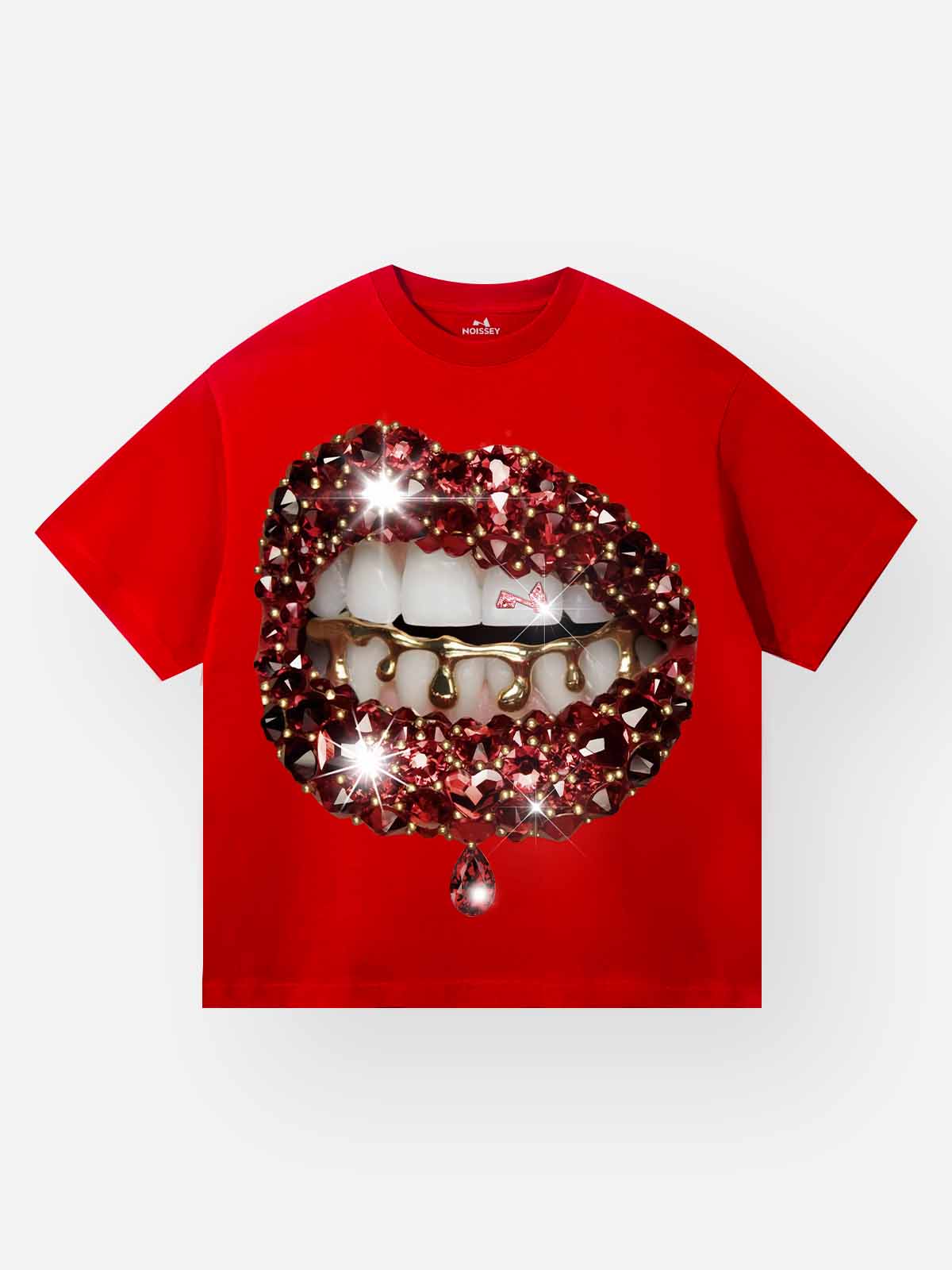 NOISSEY Crimson Lustre Red Gem Sparkle Lip Print T-Shirt - Chili Red