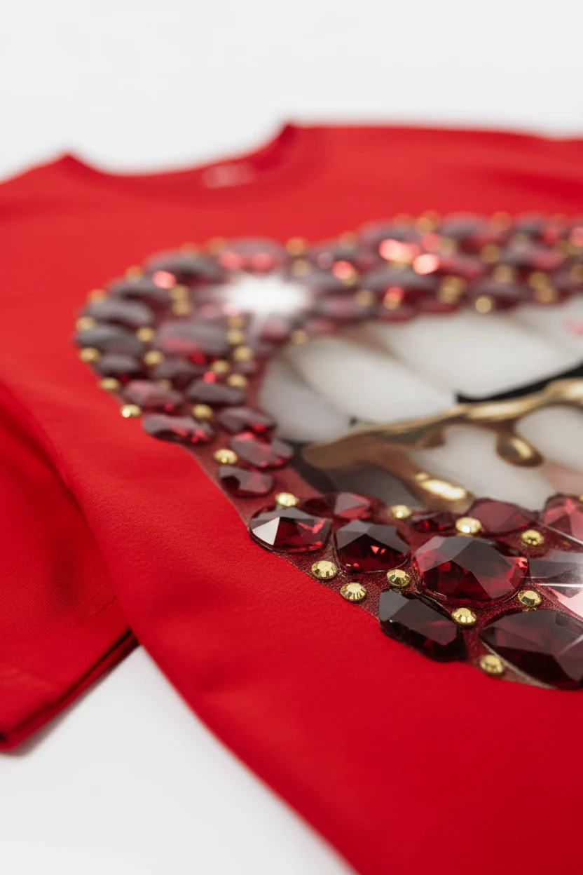 NOISSEY Crimson Lustre Red Gem Sparkle Lip Print T-Shirt - Chili Red - Image 5
