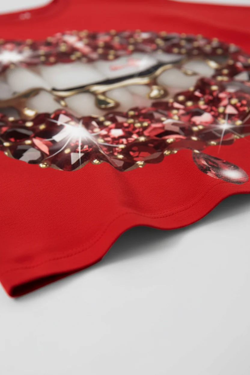 NOISSEY Crimson Lustre Red Gem Sparkle Lip Print T-Shirt - Chili Red - Image 6