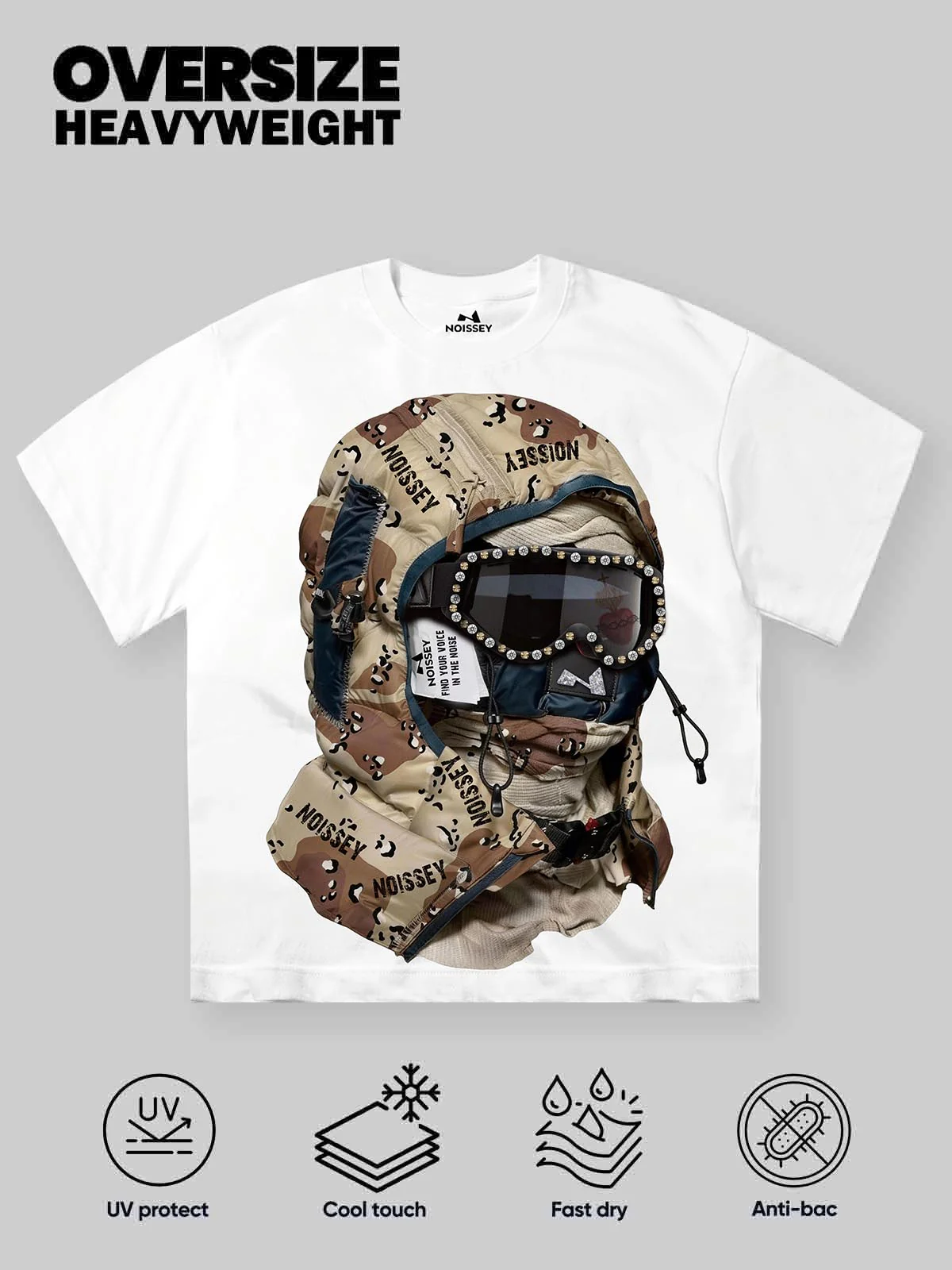 NOISSEY "Desert Balaclava" DBDU Tactical Art Print Rhinestone Heavyweight T-Shirt - Image 2