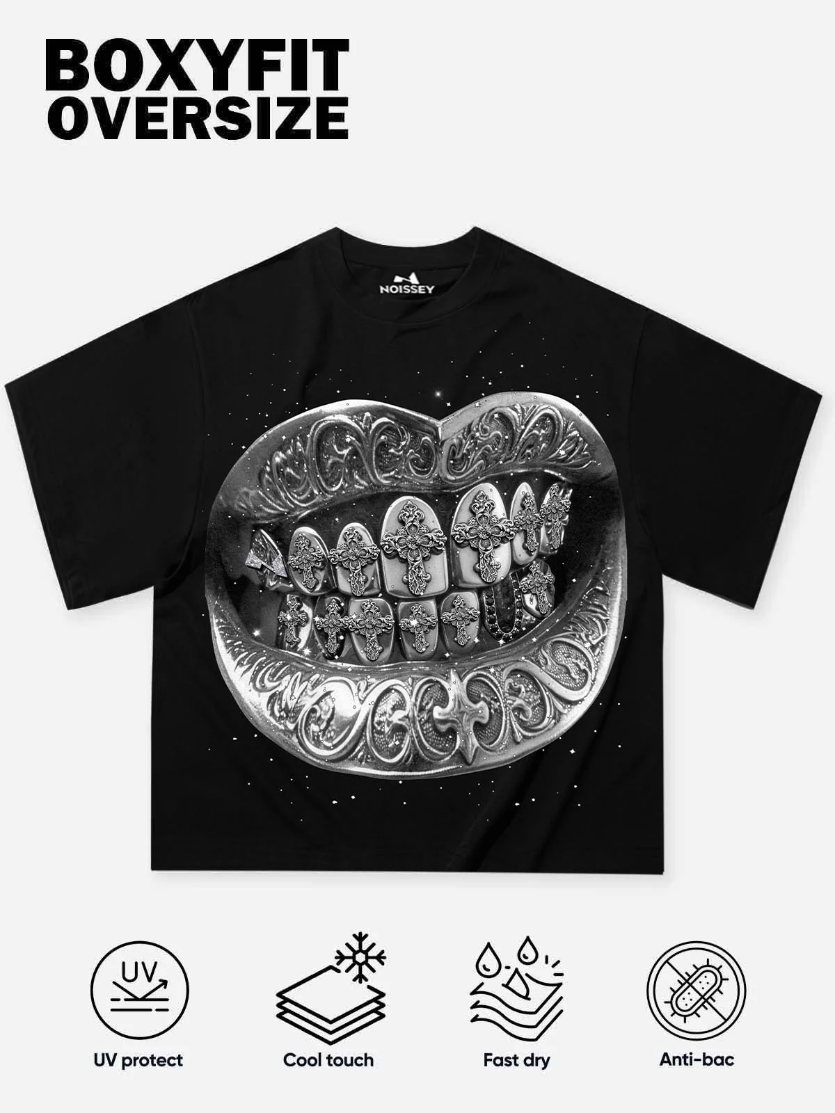 NOISSEY "Diamond Cross Grillz" Silver Cross Graphic Art Heavyweight T-Shirt - Image 2