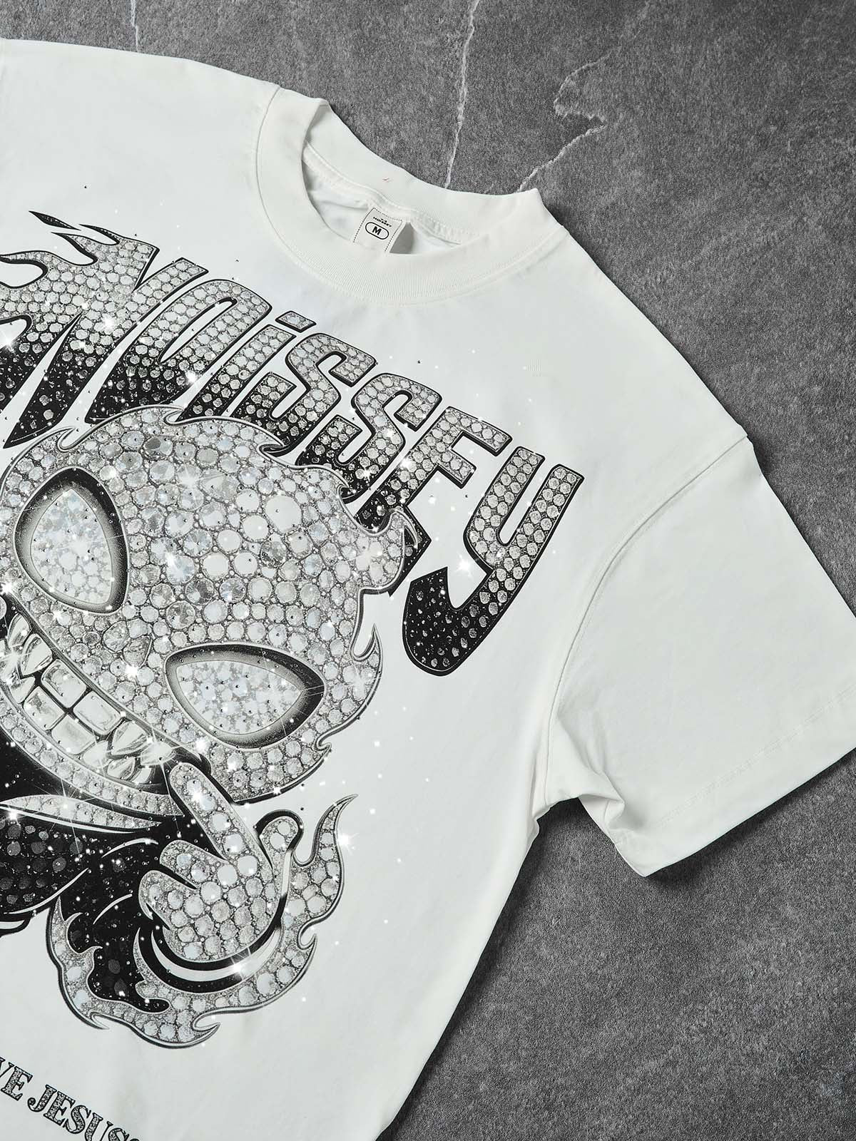 NOISSEY "DIAMOND SOUL" Full-Rhinestone Character Oversized Tee - Arctic White - Image 3