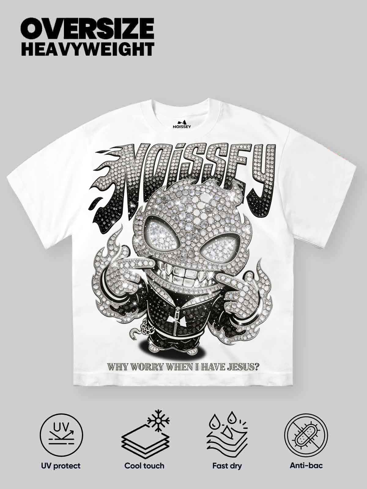 NOISSEY "DIAMOND SOUL" Full-Rhinestone Character Oversized Tee - Arctic White - Image 7