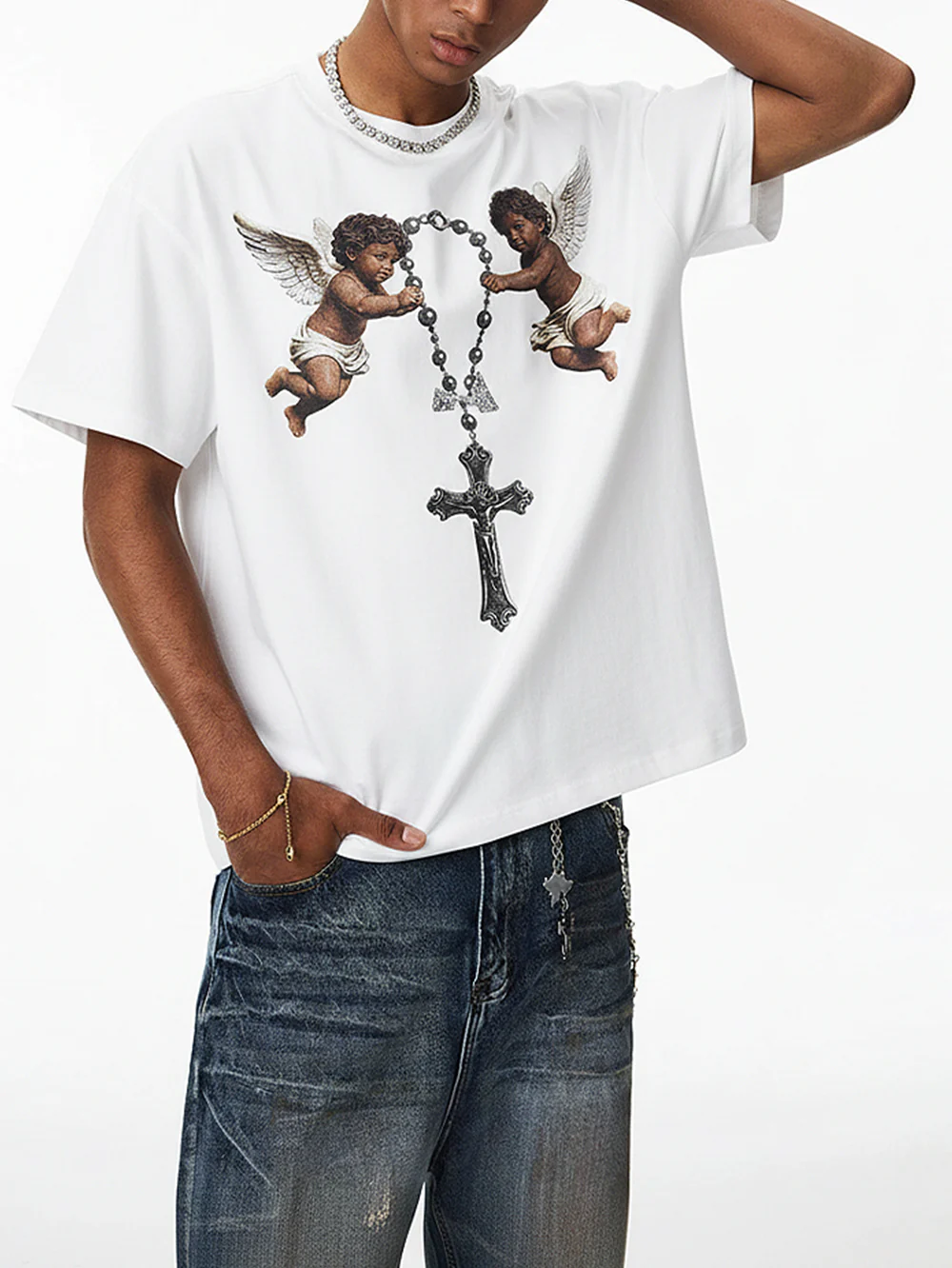 NOISSEY "Cherub Divine Faith" Boxy Heavyweight Tee - White - Image 4