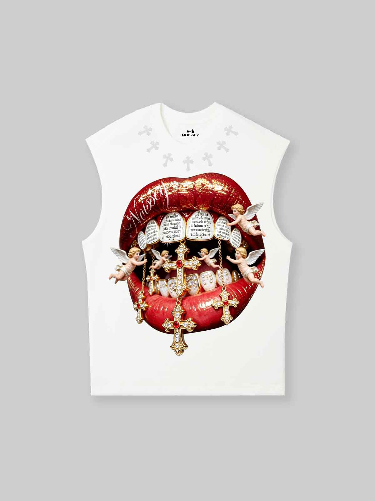NOISSEY "DIVINE KISS" ANGELIC CROSS ICED OUT RED LIPS GRAPHIC TANK TOP
