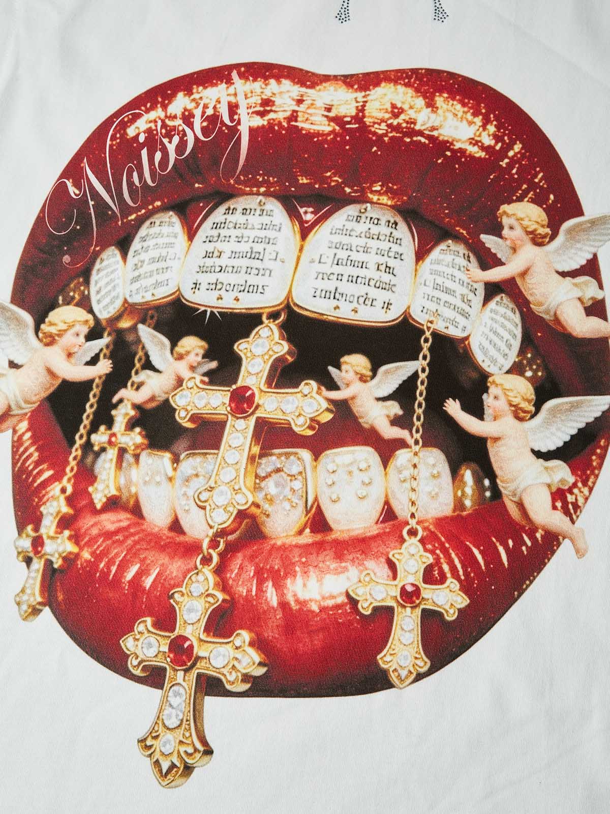 NOISSEY "DIVINE KISS" ANGELIC CROSS ICED OUT RED LIPS GRAPHIC TANK TOP - Image 2