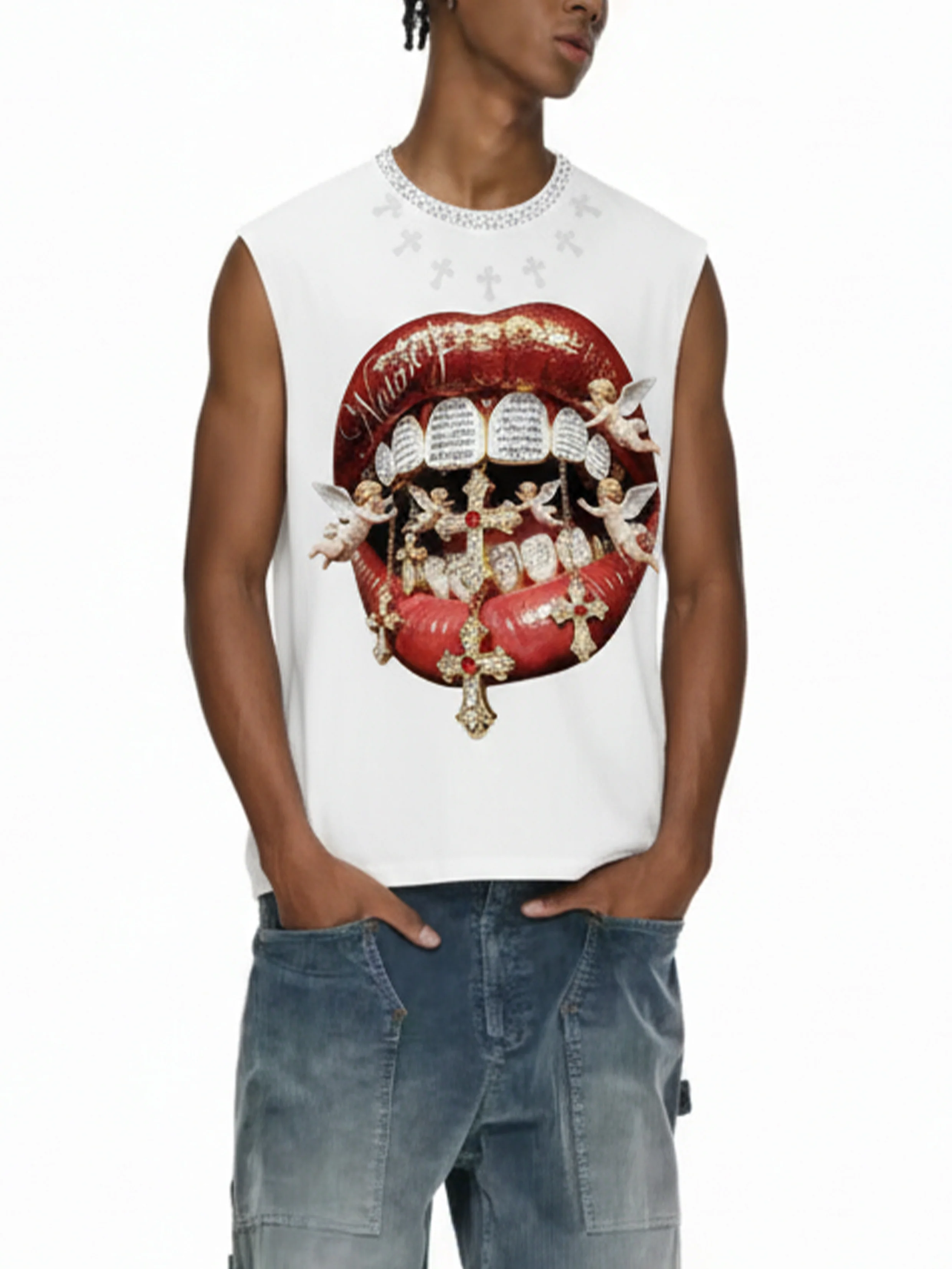 NOISSEY "DIVINE KISS" ANGELIC CROSS ICED OUT RED LIPS GRAPHIC TANK TOP - Image 3