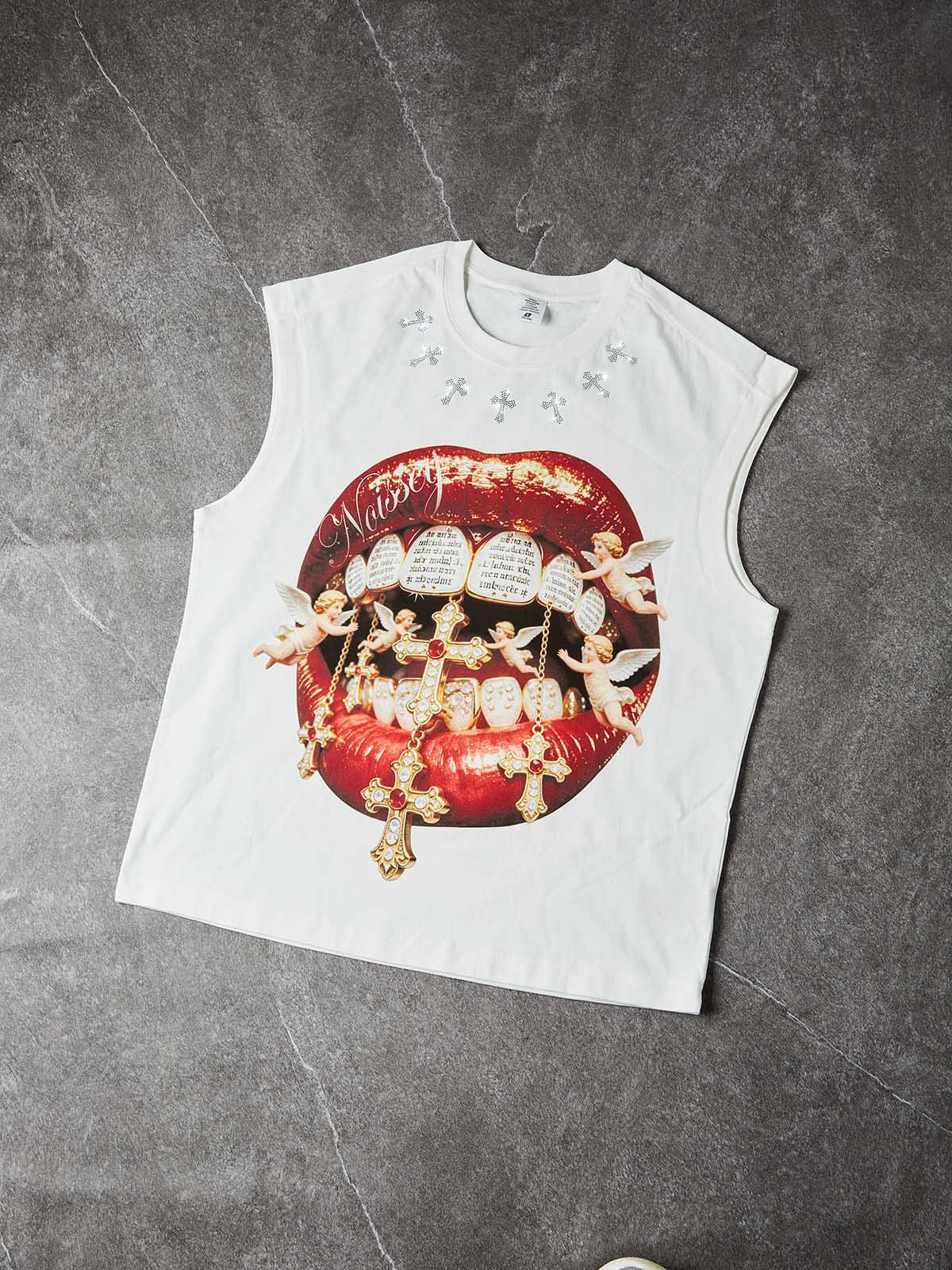 NOISSEY "DIVINE KISS" ANGELIC CROSS ICED OUT RED LIPS GRAPHIC TANK TOP - Image 4