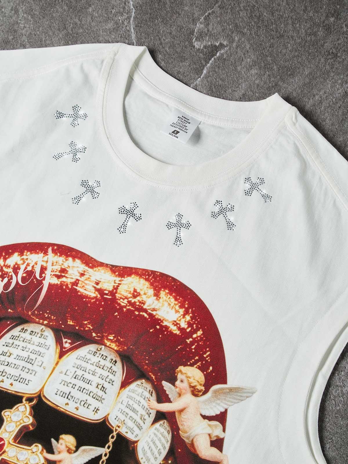NOISSEY "DIVINE KISS" ANGELIC CROSS ICED OUT RED LIPS GRAPHIC TANK TOP - Image 5