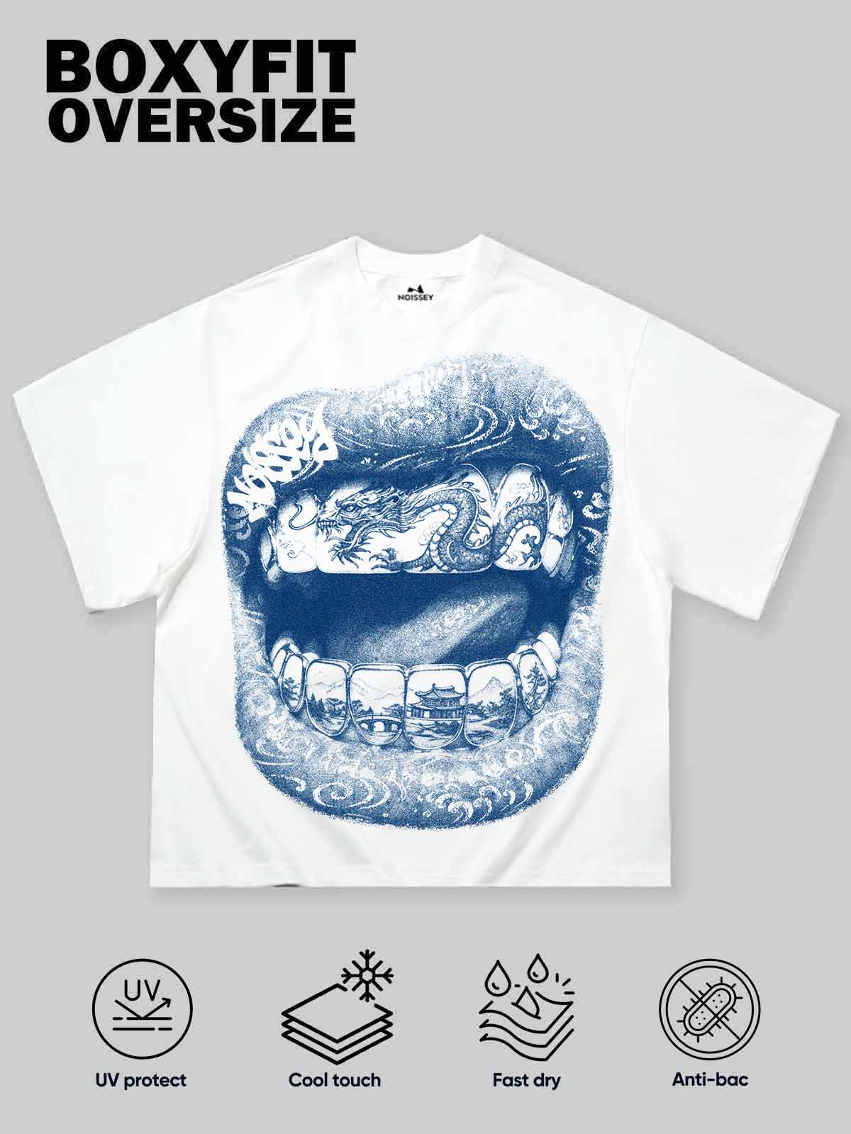 NOISSEY Dragon Grills Blue & White Porcelain Art Print T-Shirt - Porcelain White - Image 2