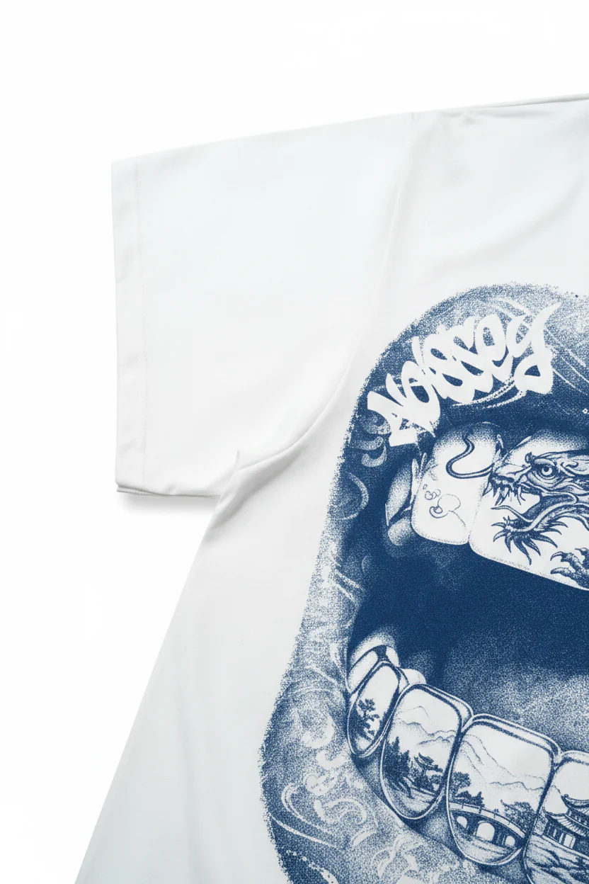 NOISSEY Dragon Grills Blue & White Porcelain Art Print T-Shirt - Porcelain White - Image 5