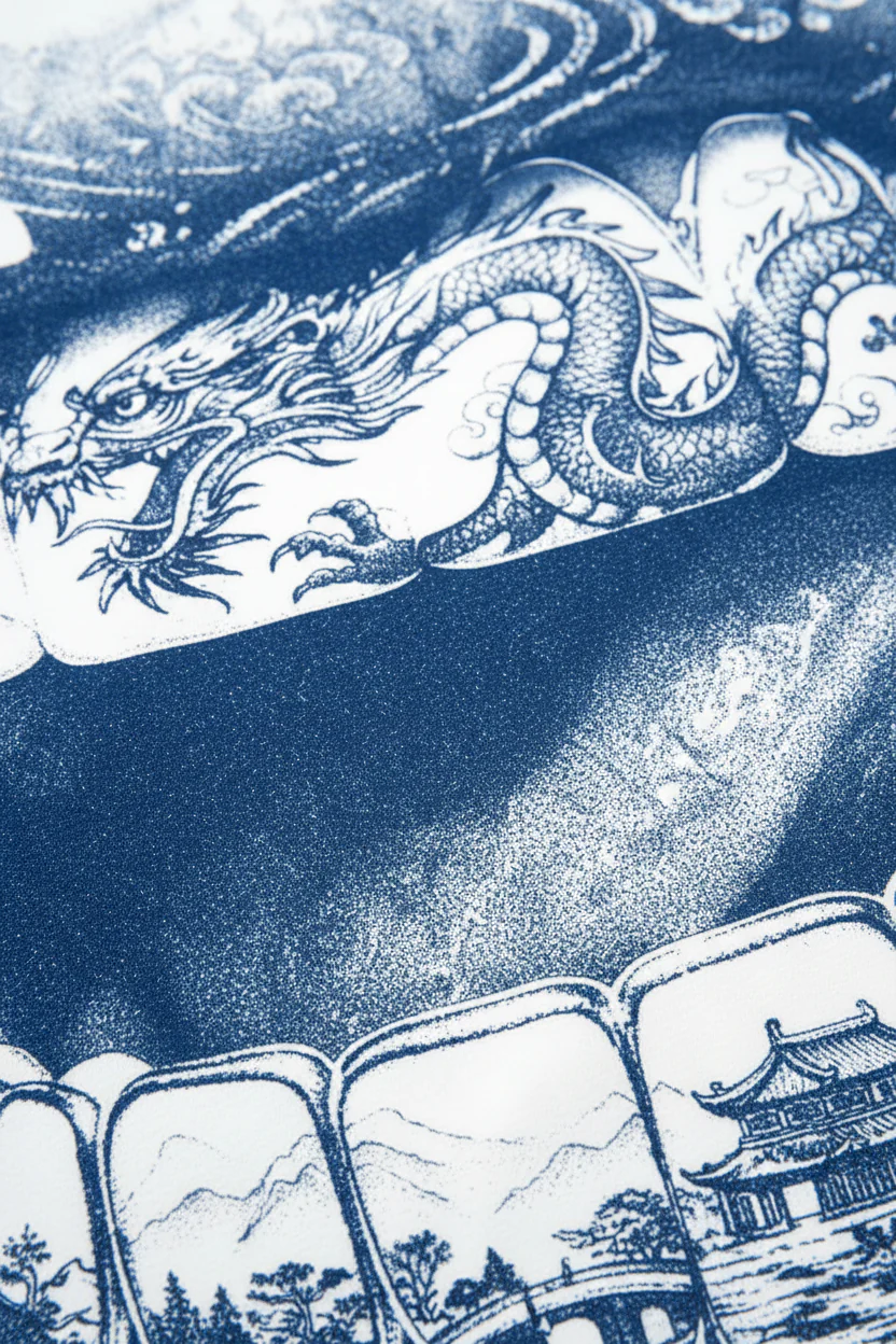 NOISSEY Dragon Grills Blue & White Porcelain Art Print T-Shirt - Porcelain White - Image 6