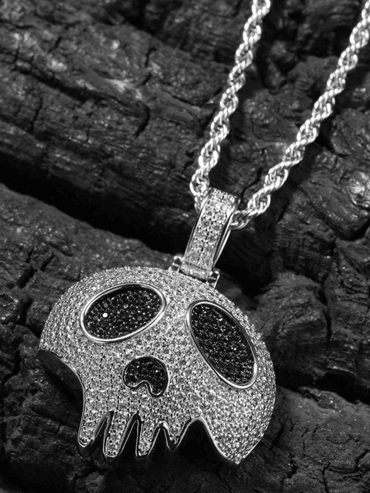 NOISSEY "Dripping Skull" Fully Iced-Out Black Zircon Pendant & Tennis Chain Necklace - Image 3
