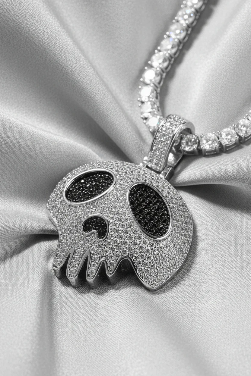 NOISSEY "Dripping Skull" Fully Iced-Out Black Zircon Pendant & Tennis Chain Necklace - Image 5