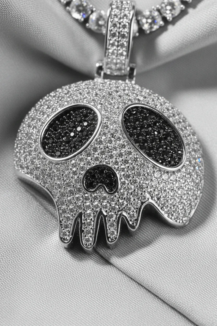 NOISSEY "Dripping Skull" Fully Iced-Out Black Zircon Pendant & Tennis Chain Necklace - Image 6