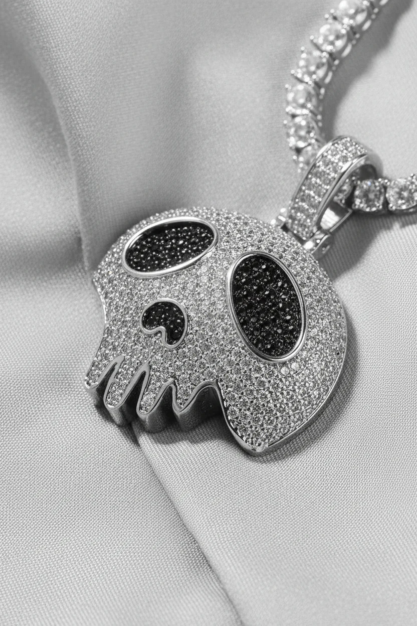 NOISSEY "Dripping Skull" Fully Iced-Out Black Zircon Pendant & Tennis Chain Necklace - Image 7