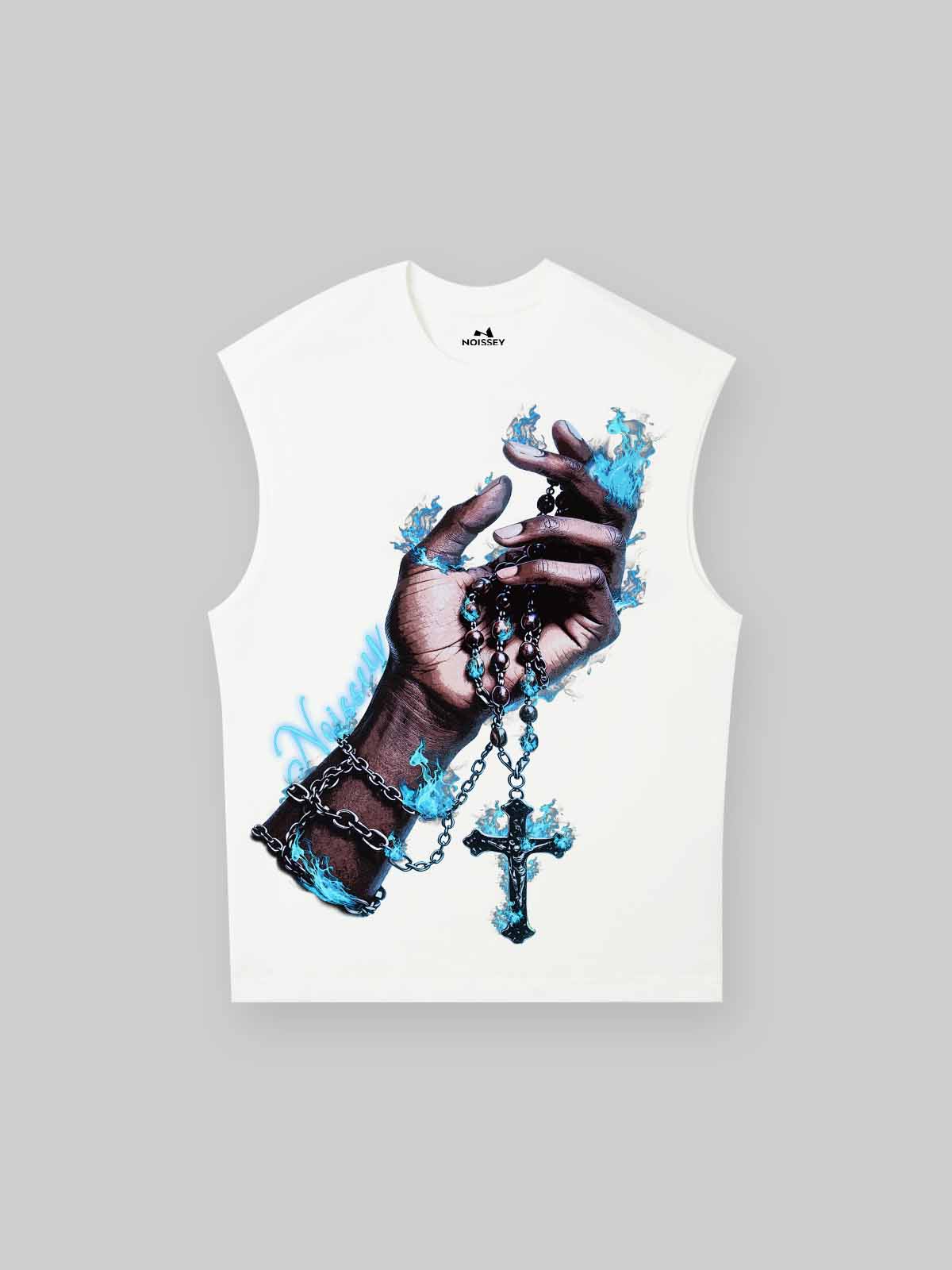 NOISSEY "Eternal Flame" Blue Fire Cross & Rosary Graphic Sleeveless Tank - Cream White