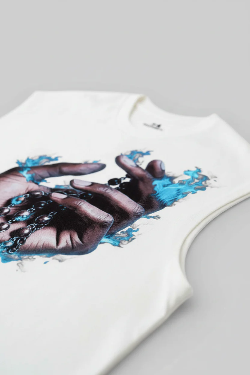 NOISSEY "Eternal Flame" Blue Fire Cross & Rosary Graphic Sleeveless Tank - Cream White - Image 5