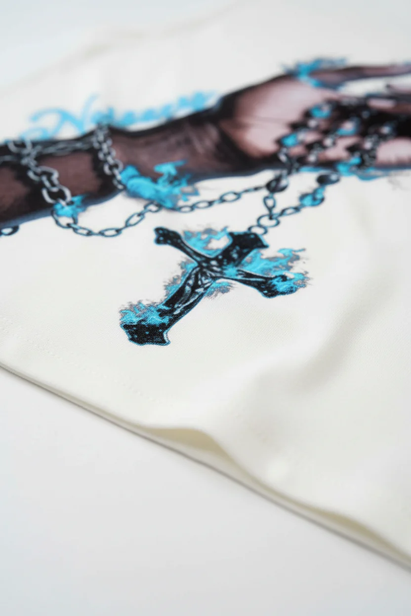 NOISSEY "Eternal Flame" Blue Fire Cross & Rosary Graphic Sleeveless Tank - Cream White - Image 7