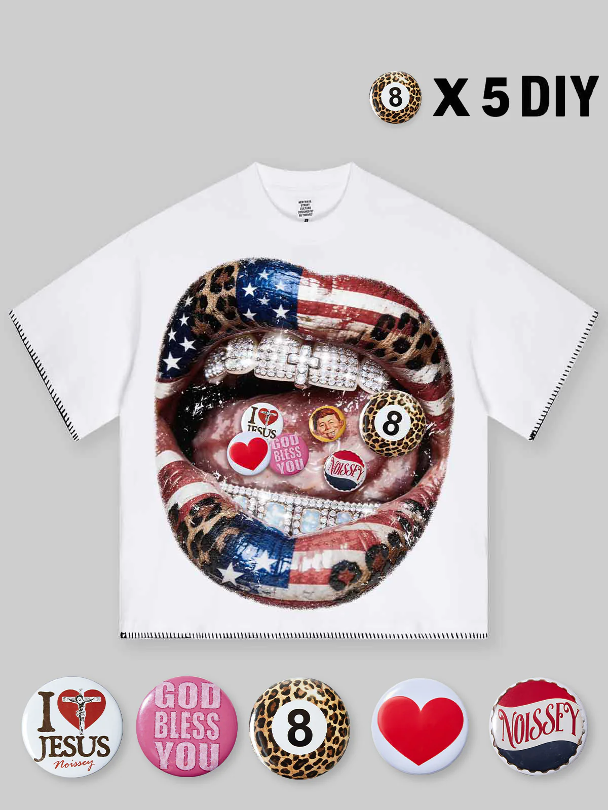 NOISSEY FLAG LEOPARD LIPS - ICED OUT DIY BADGE TEE