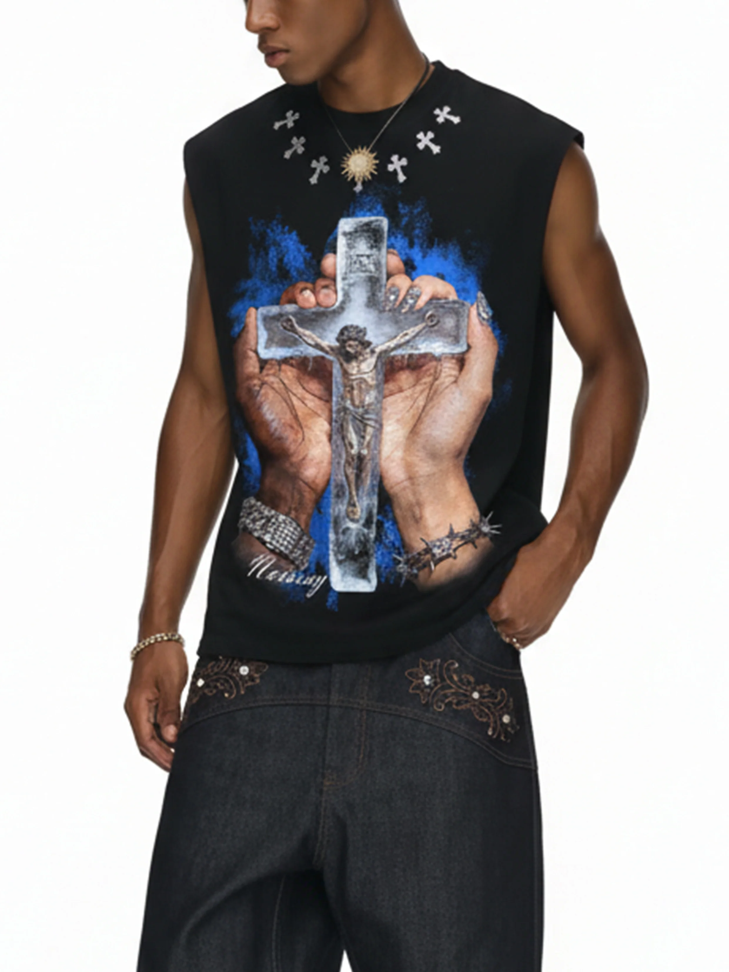 NOISSEY "FROZEN FAITH" ICED JESUS CRUCIFIX GRAPHIC TANK TOP - Image 2