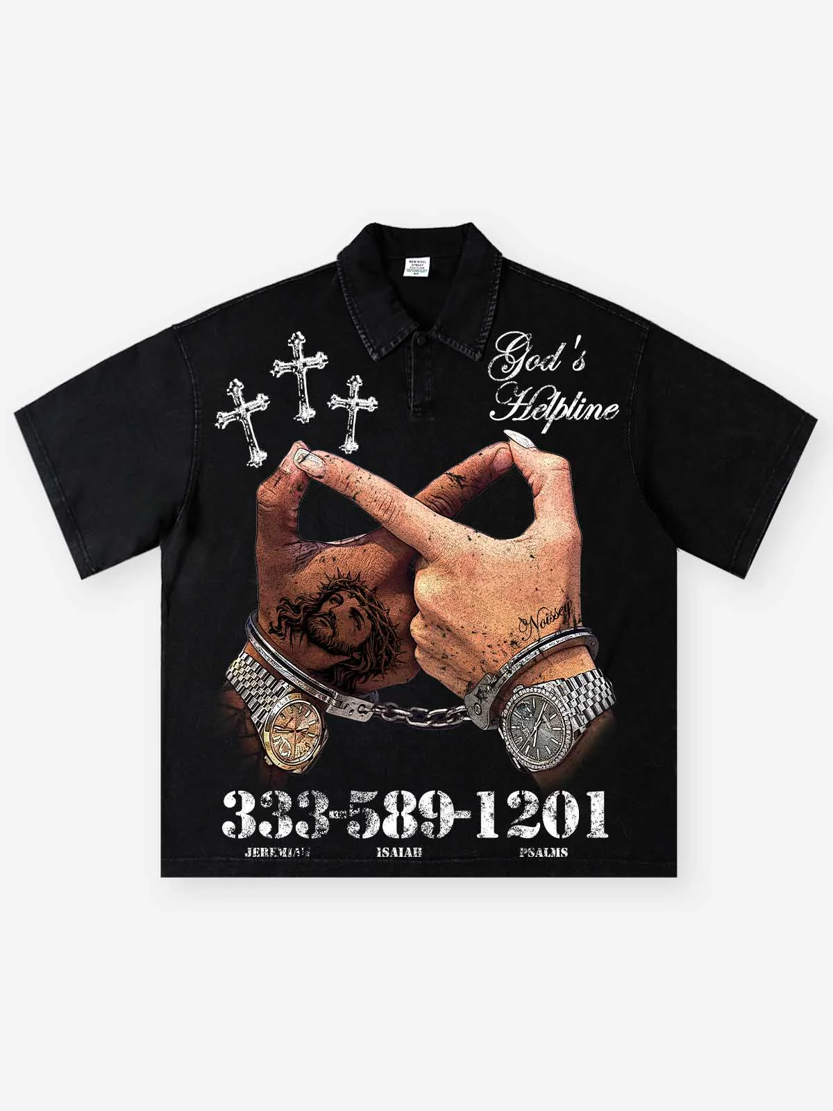NOISSEY "GOD'S HELPLINE" VINTAGE WASHED GRAPHIC ART POLO SHIRT