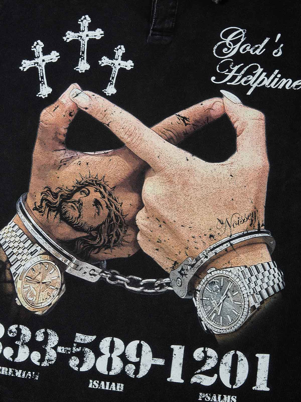 NOISSEY "GOD'S HELPLINE" VINTAGE WASHED GRAPHIC ART POLO SHIRT - Image 2