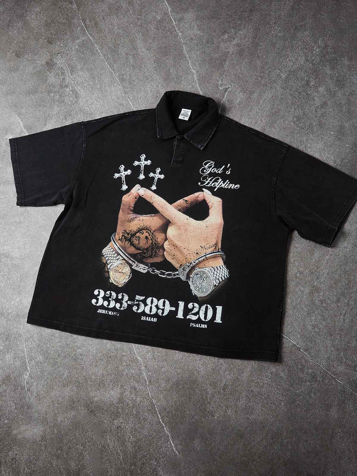 NOISSEY "GOD'S HELPLINE" VINTAGE WASHED GRAPHIC ART POLO SHIRT - Image 3