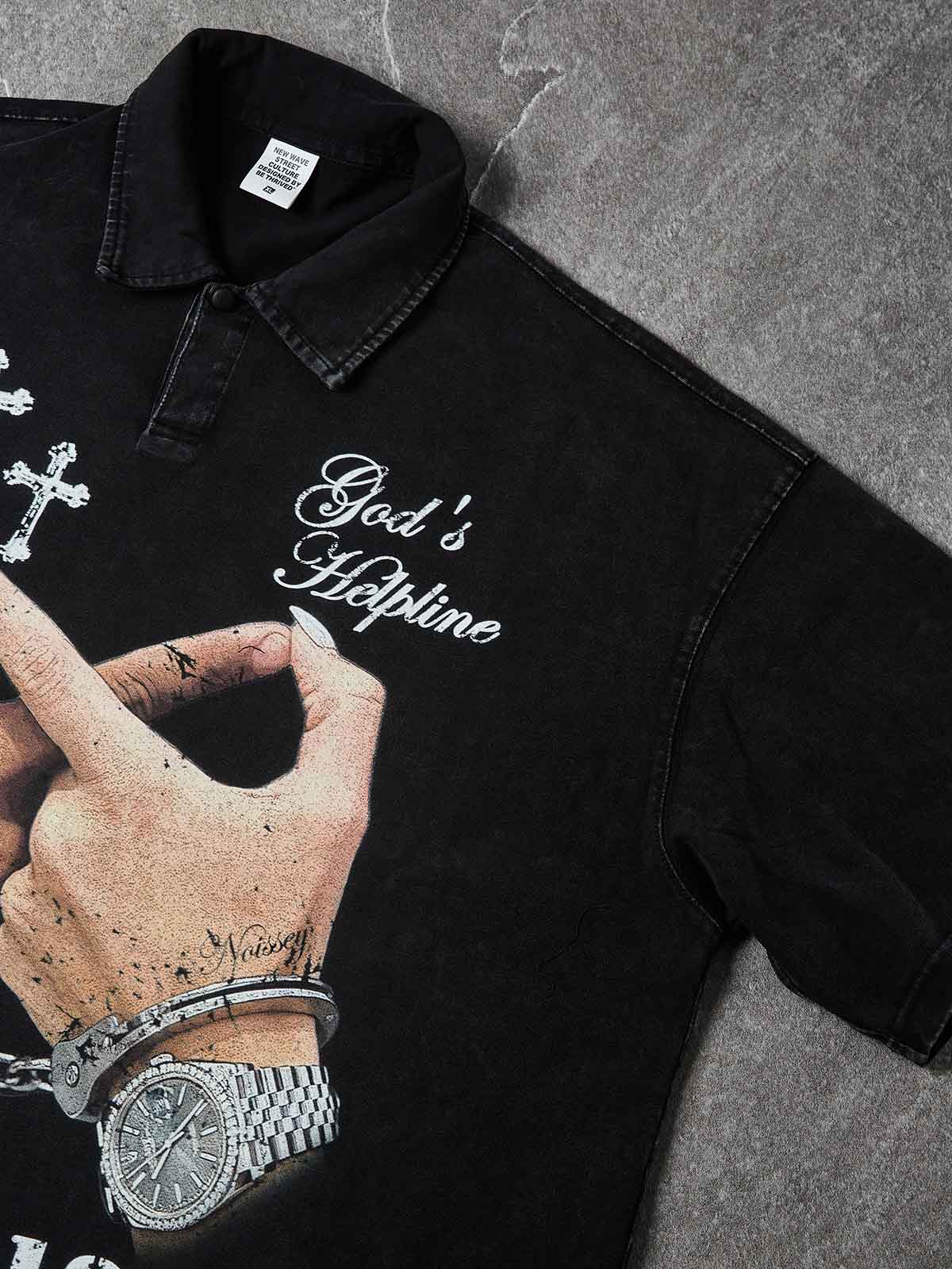 NOISSEY "GOD'S HELPLINE" VINTAGE WASHED GRAPHIC ART POLO SHIRT - Image 4