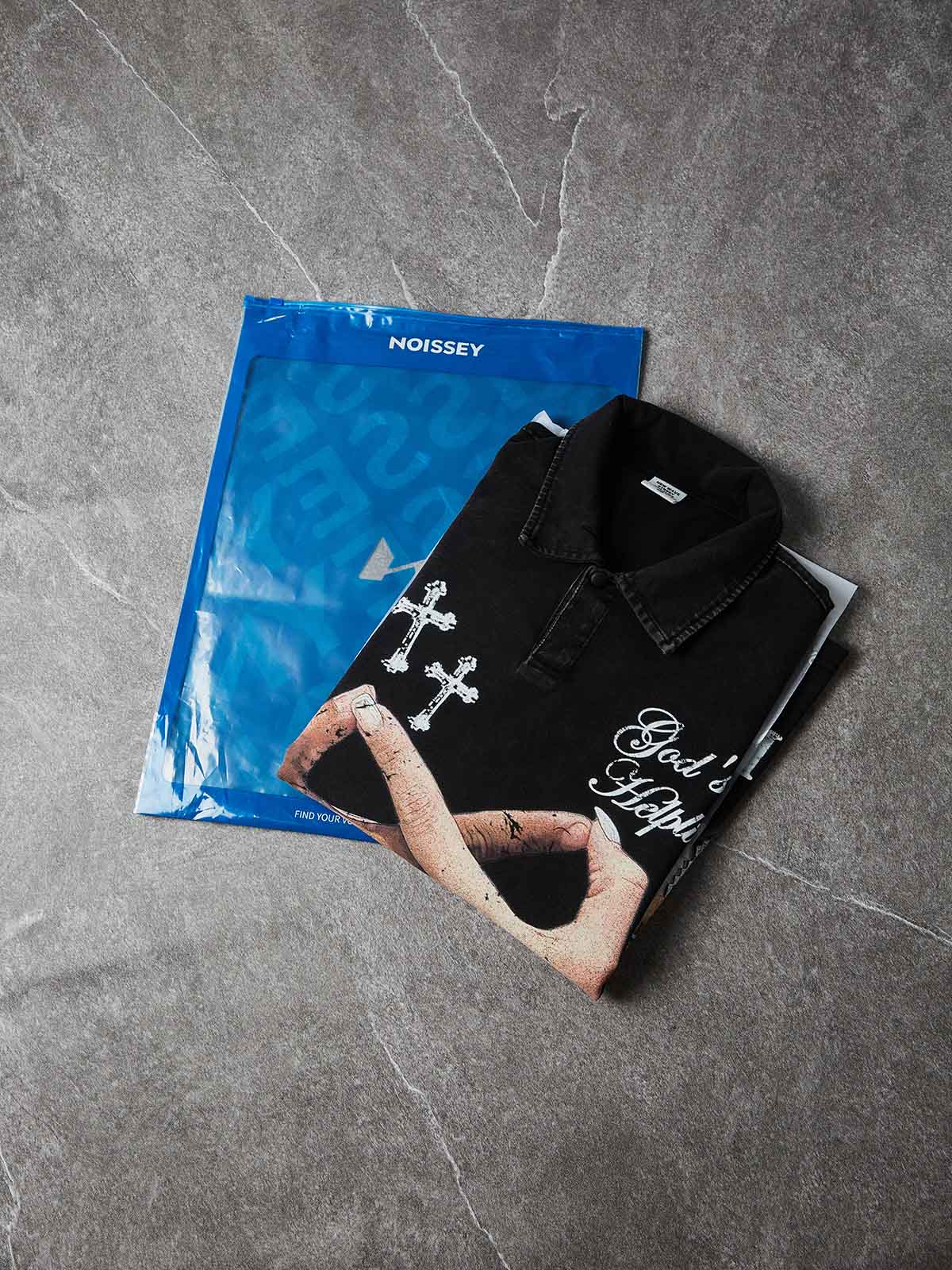 NOISSEY "GOD'S HELPLINE" VINTAGE WASHED GRAPHIC ART POLO SHIRT - Image 5