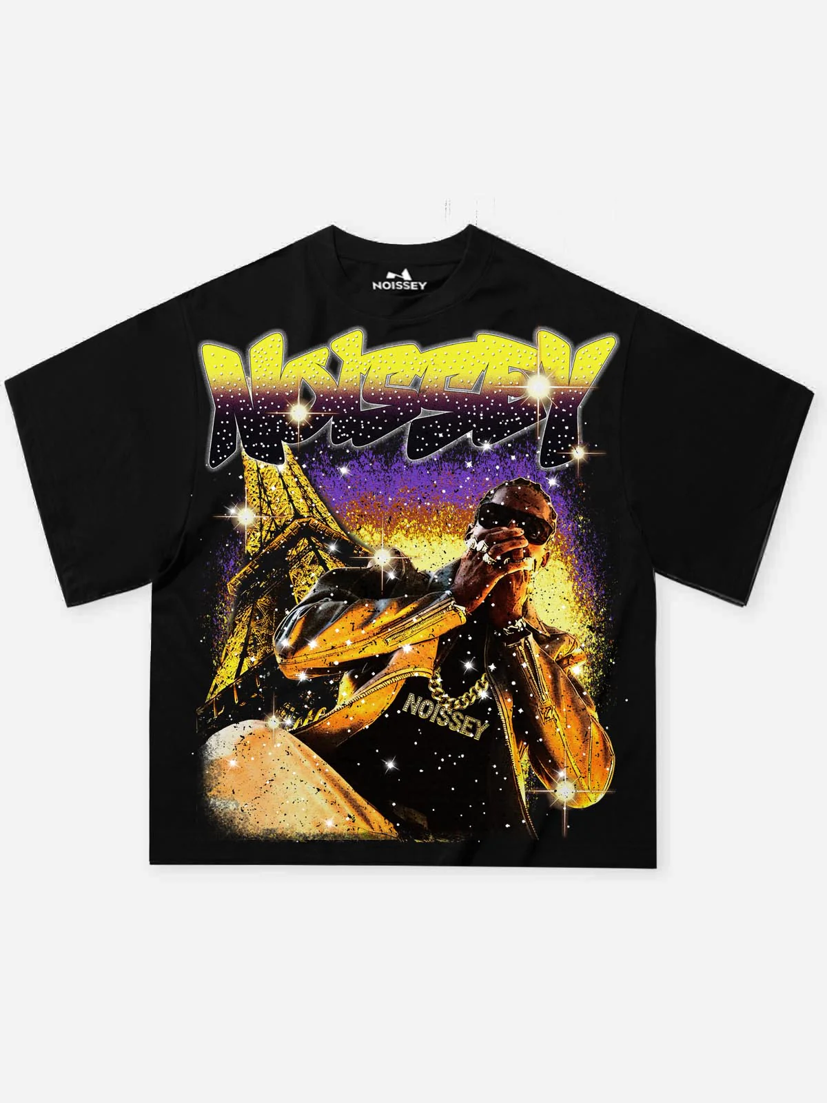 NOISSEY Golden Eiffel Rap Portrait Rhinestone Graphic T-Shirt - Onyx Black