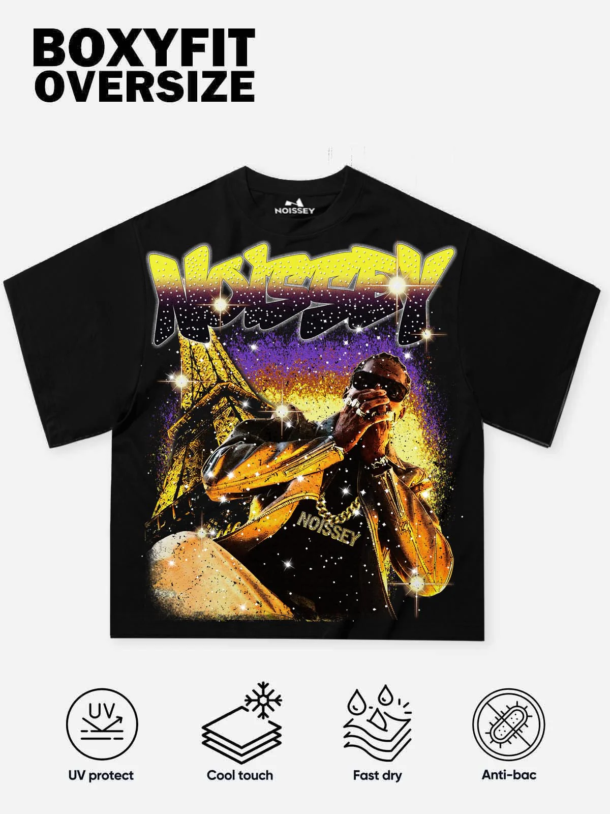 NOISSEY Golden Eiffel Rap Portrait Rhinestone Graphic T-Shirt - Onyx Black - Image 2