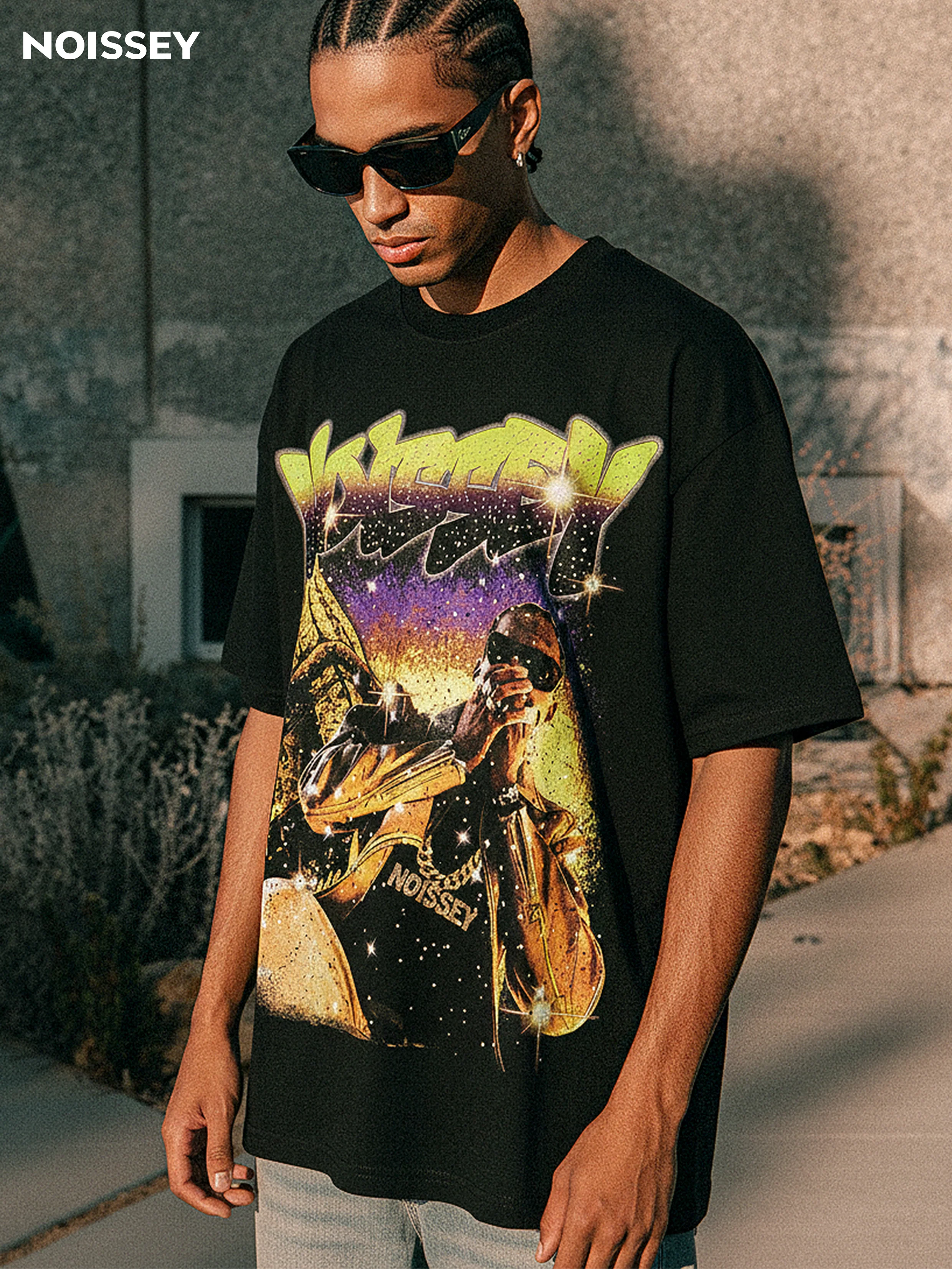 NOISSEY Golden Eiffel Rap Portrait Rhinestone Graphic T-Shirt - Onyx Black - Image 3