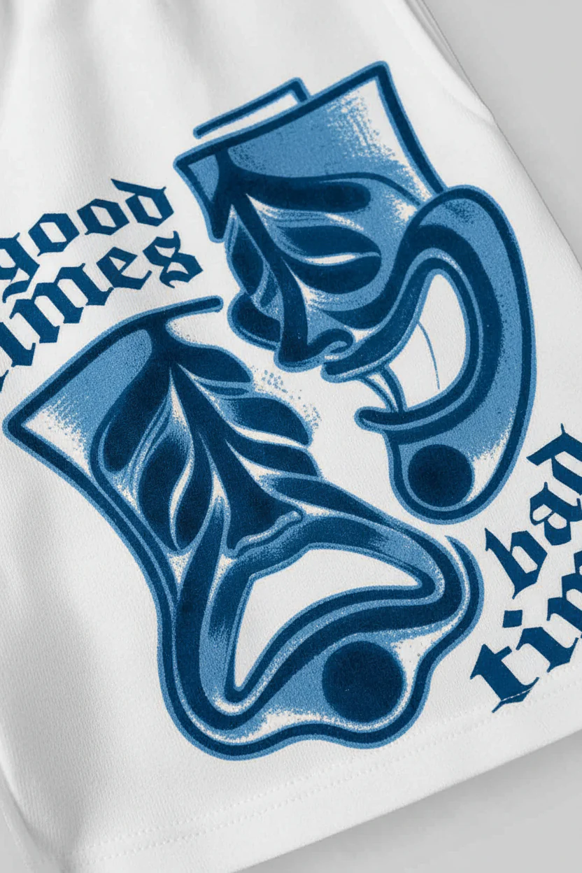 NOISSEY "Good Times Bad Times" Boxy Heavyweight Mask Art Shorts - White - Image 4