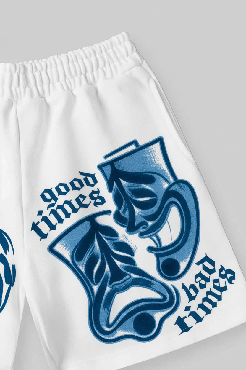 NOISSEY "Good Times Bad Times" Boxy Heavyweight Mask Art Shorts - White - Image 5