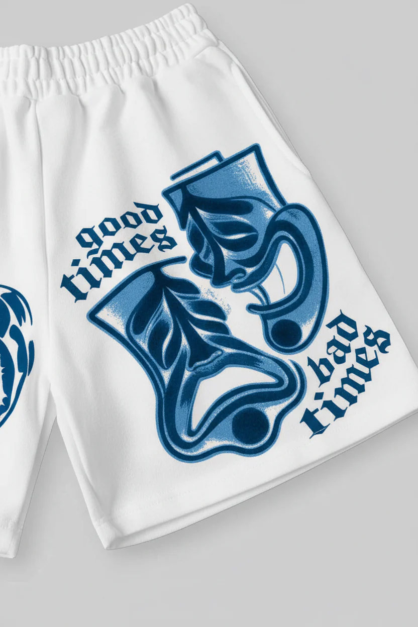 NOISSEY "Good Times Bad Times" Boxy Heavyweight Mask Art Shorts - White - Image 6