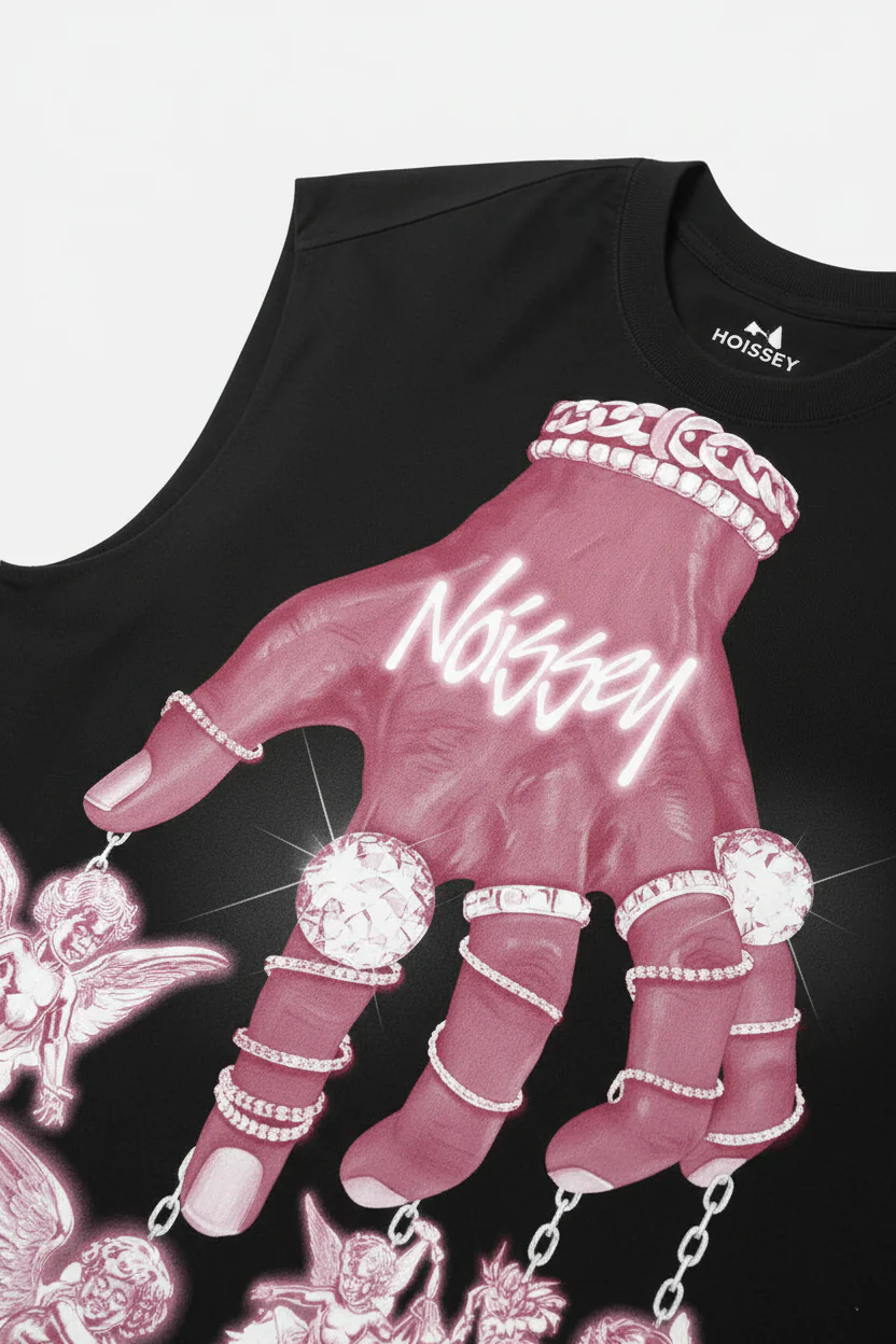 NOISSEY Hand of Seraph Pink Neon Angelic Tank Top - Onyx Black - Image 4