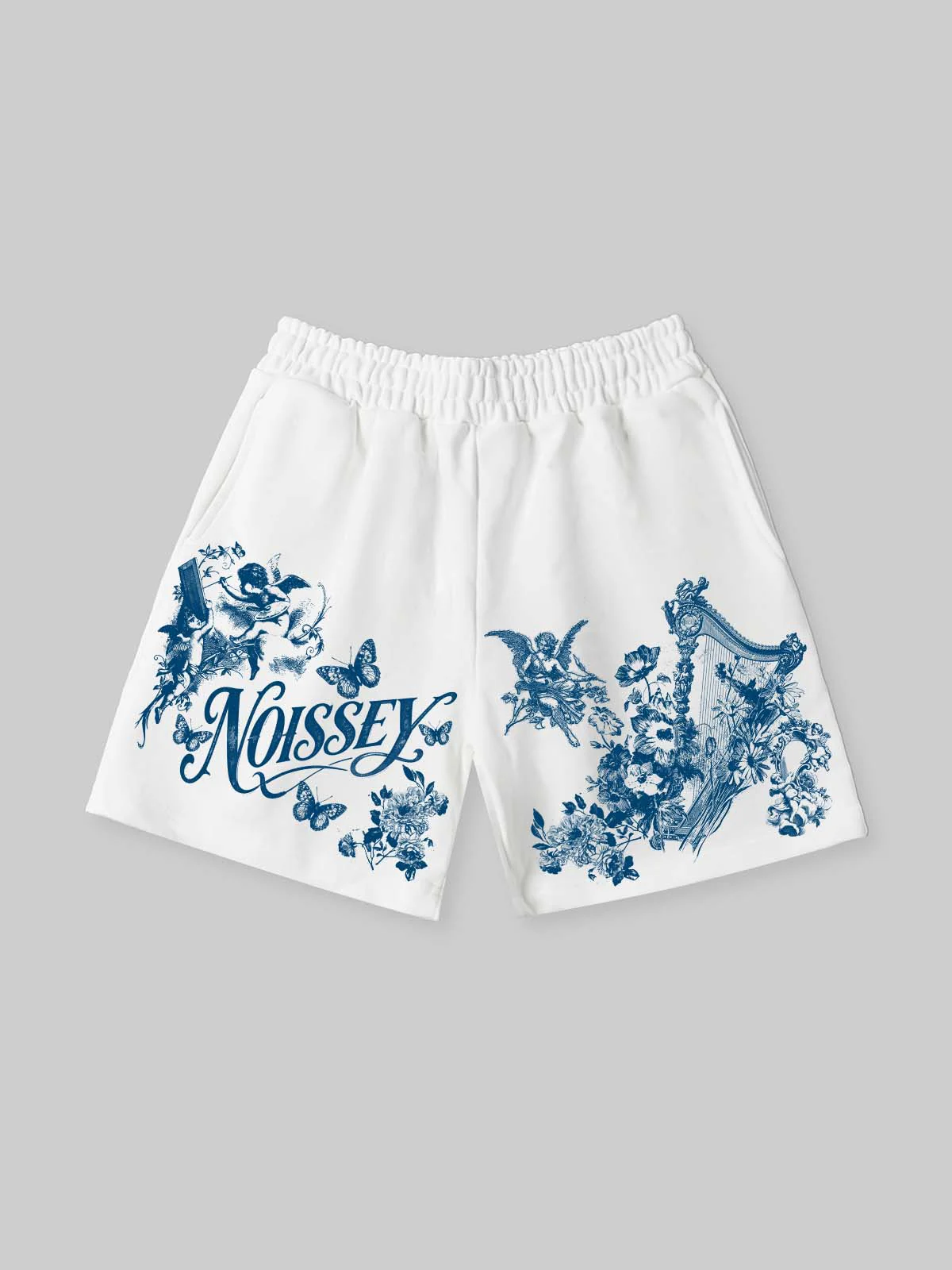 NOISSEY "Heavenly Garden" Blue Angel & Floral Art Print White Wide-Leg Shorts