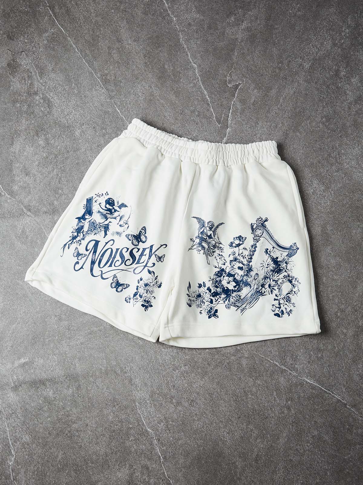 NOISSEY "Heavenly Garden" Blue Angel & Floral Art Print White Wide-Leg Shorts - Image 2