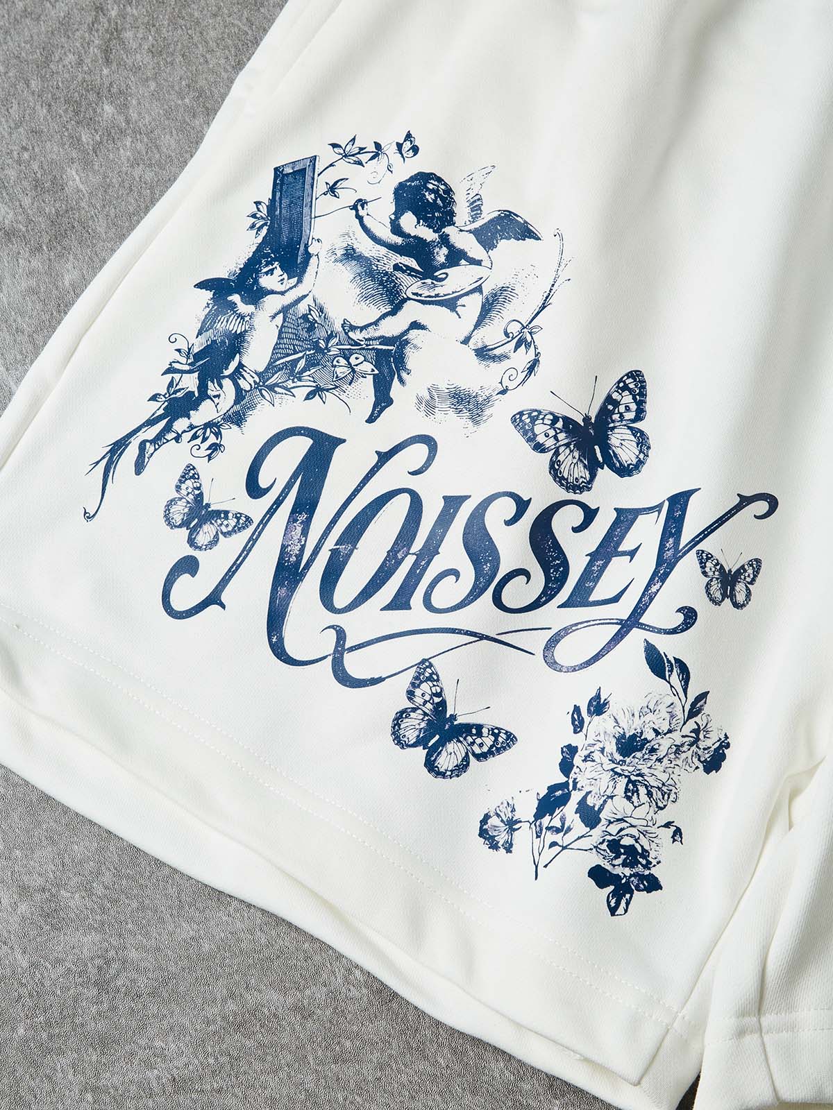 NOISSEY "Heavenly Garden" Blue Angel & Floral Art Print White Wide-Leg Shorts - Image 5