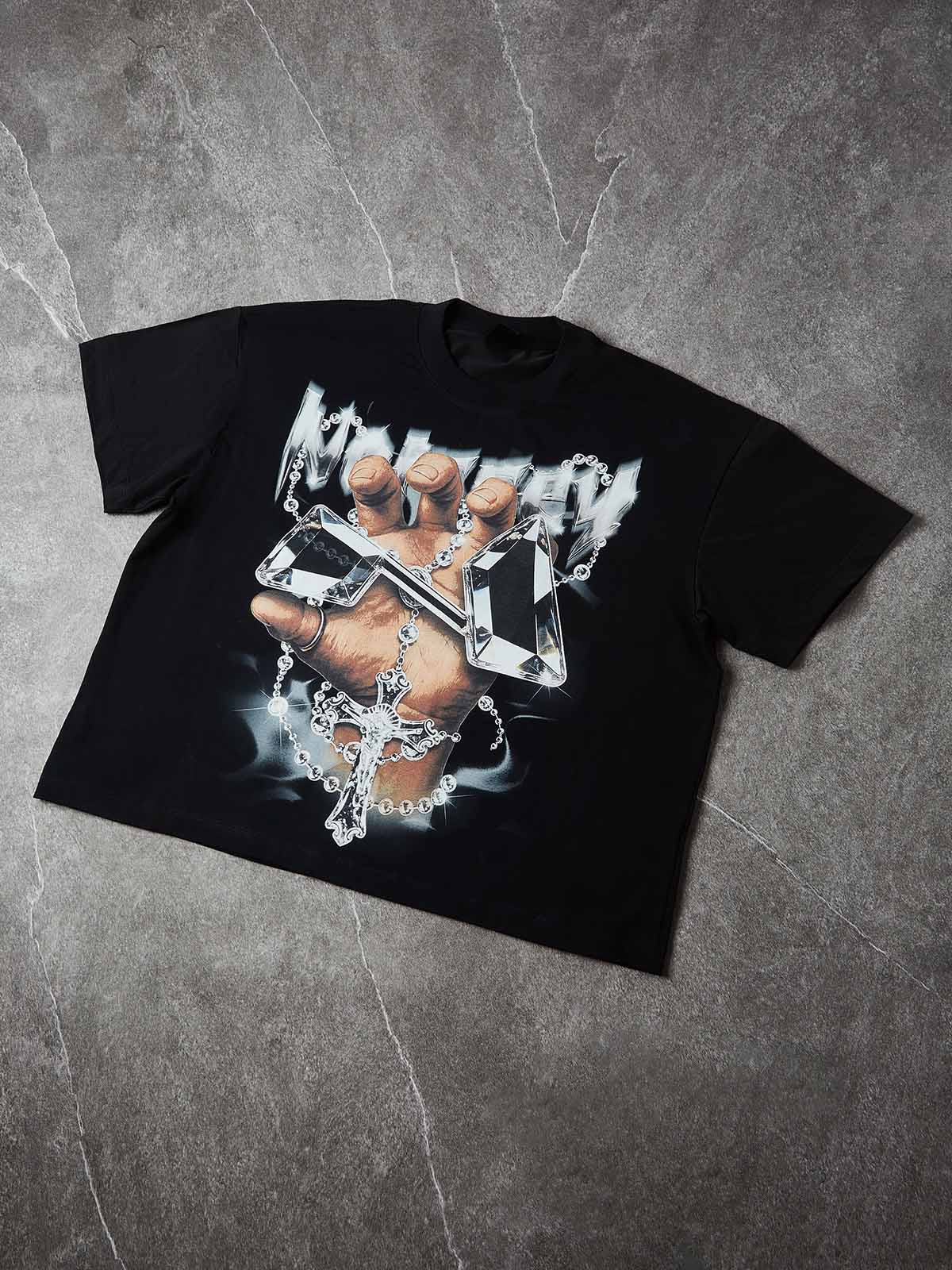 NOISSEY "Holy Drip" Crystalline Cross & Prayer Hand Boxy Heavyweight Art Tee - Onyx Black - Image 4