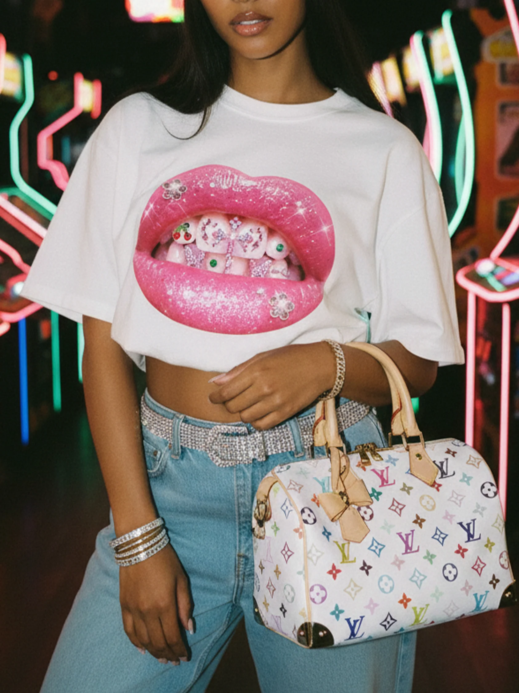 NOISSEY Y2K Grillz Tee - Rhinestone Graphic & Cool Touch Fabric - Image 3