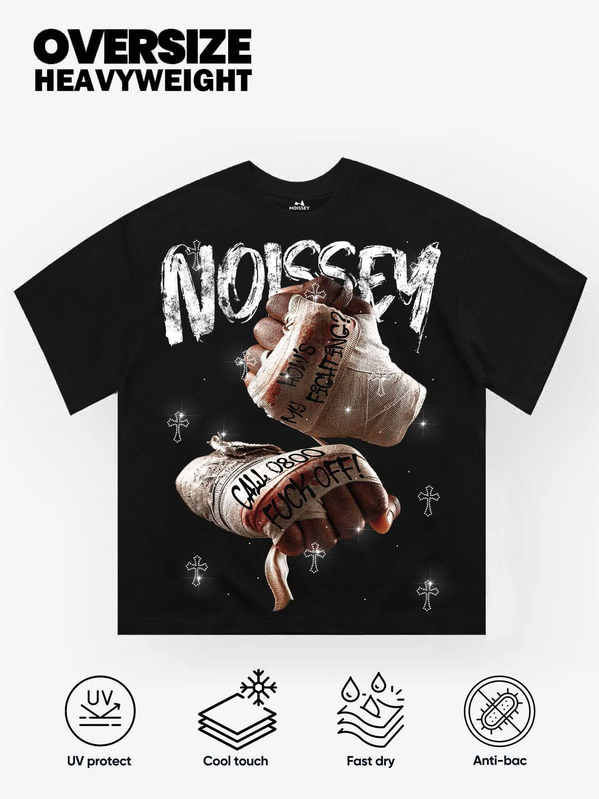 NOISSEY "How's My Fighting" Boxing Bandage Cross Graphic DIY Rhinestone T-Shirt - Image 2