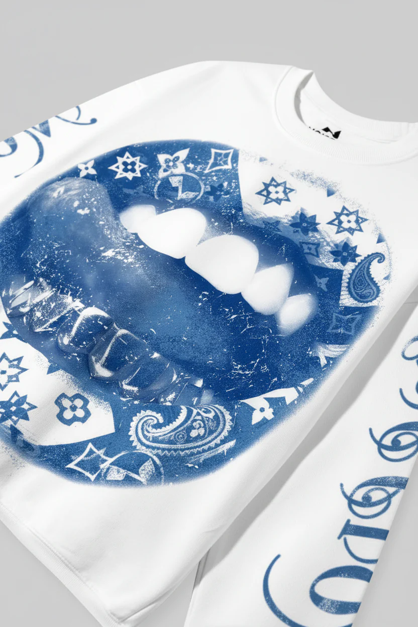 NOISSEY "HUSTLE" BLUE PAISLEY LIP GRAPHIC LONG SLEEVE - WHITE/ICE BLUE - Image 6