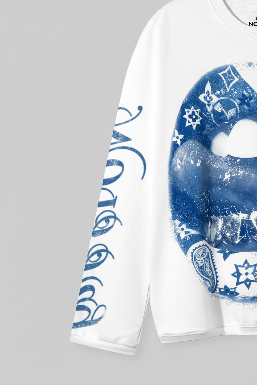 NOISSEY "HUSTLE" BLUE PAISLEY LIP GRAPHIC LONG SLEEVE - WHITE/ICE BLUE - Image 8