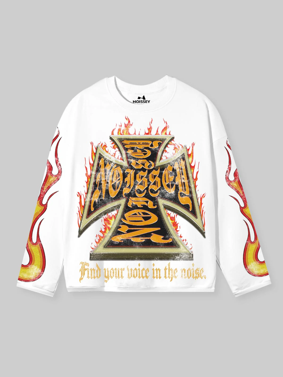 NOISSEY "INFERNO CROSS" GOTHIC FLAME ART LONG SLEEVE SWEATSHIRT